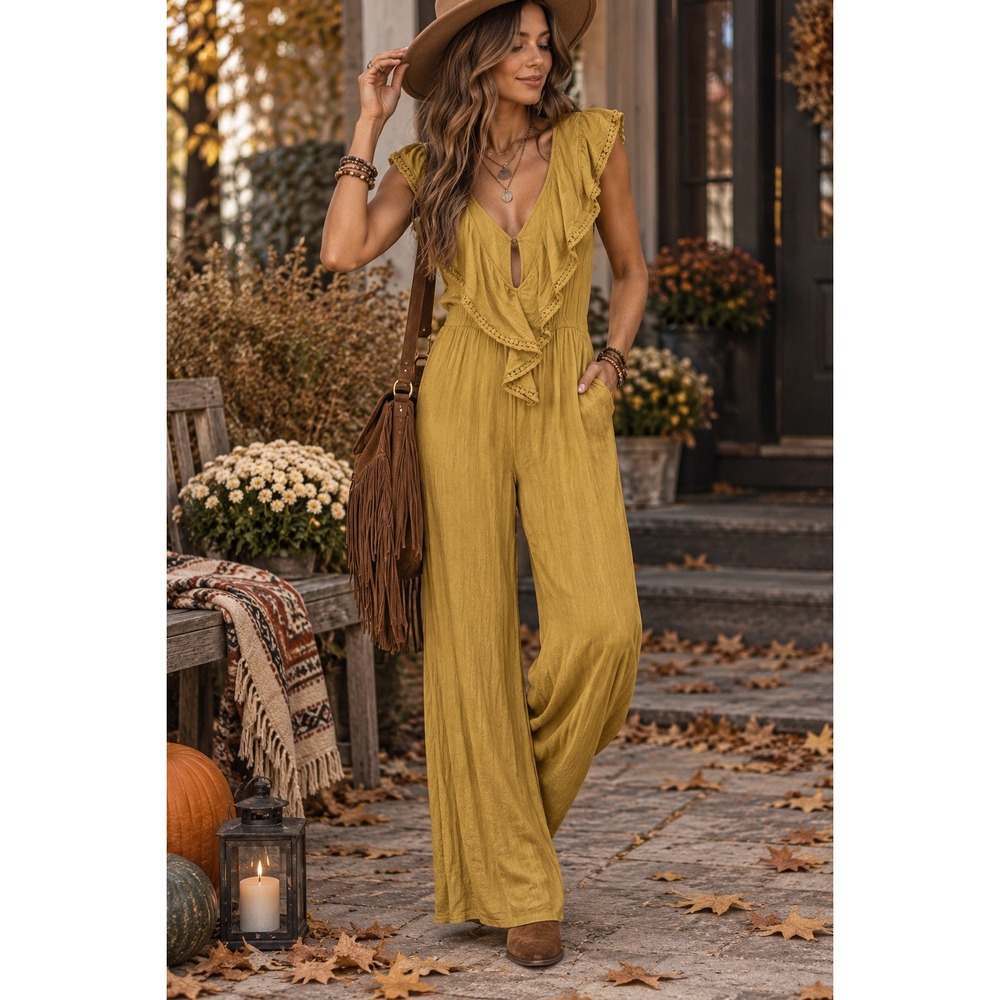 Xhilaration Womens Mustard Boho Wide Leg Jumpsuit Ruffle Open Back S Festival